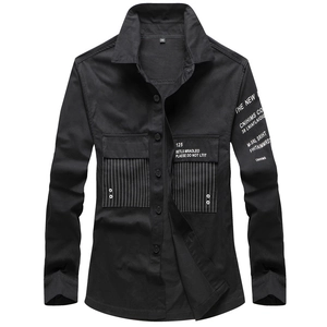 Men's black cargo long sleeve shirt with striped pocket detail and white graphic prints
