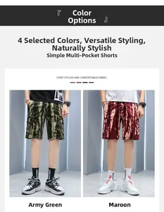 Detail view of cargo shorts in army green and wine red with multiple functional pockets