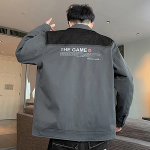 Mens Japanese retro patchwork denim jacket with back THE GAME print and turn-down collar