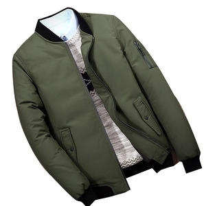 Army green slim fit men's bomber jacket with ribbed collar and tactical sleeve pocket