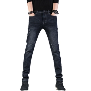 Slim fit dark blue men's stretch jeans with distressed fade and whisker details