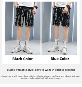 Detail of multi-pocket cargo shorts with abstract ink texture in black and blue colors