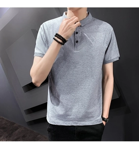 Close-up of three-button placket and ribbed cuffs on a men's light grey melange polo shirt