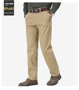 Detail view of khaki men's straight casual trousers with side pockets and belt loops