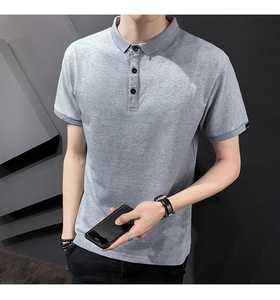 Detail of light grey Polo shirt showing ribbed collar, three buttons, and sleeve cuff logo