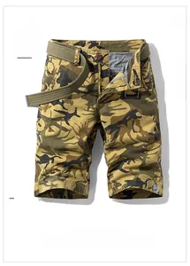 Detail of desert camo cargo shorts for men with adjustable olive canvas waist belt