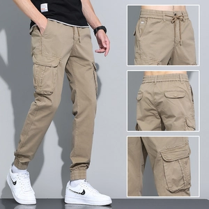 Men's Japanese Cargo Pants Cotton Blend Multi Pocket Joggers Drawstring Cuffed Casual Pants Versatile Solid Color Trousers
