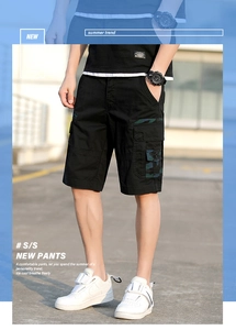 Detail of cargo shorts featuring camouflage pocket stitching and durable black cotton fabric