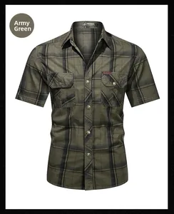 Detail of army green plaid cotton shirt with dual utility pockets and metal buttons