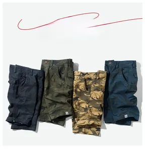 Detailed flat lay of camouflage and solid cargo shorts showing soft fabric and pockets