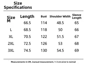 Size guide table for men winter jacket showing length chest and shoulder measurements