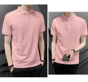 Detail view of pink polo shirt featuring standard collar and white button neckline