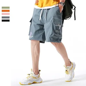 Summer men's casual cargo shorts in grey-blue with side pockets and drawstring waist