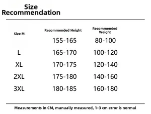 Detailed size chart for men's winter jacket showing height and weight recommendations