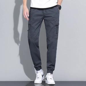 Men's dark gray cargo joggers with drawstring waist and large side pockets