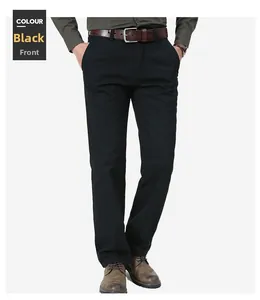 Front view of men's black straight-leg casual pants with belt and leather shoes