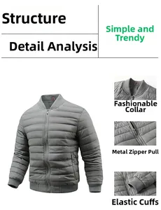 Detail shots of gray quilted jacket featuring ribbed collar, metal zipper, and elastic cuffs