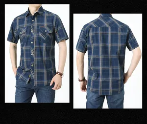 Front and back view of blue plaid cotton short sleeve shirt with double flap pockets
