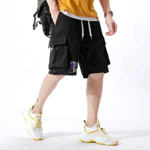 Men's black cargo shorts with side pockets, white drawstring and purple logo print