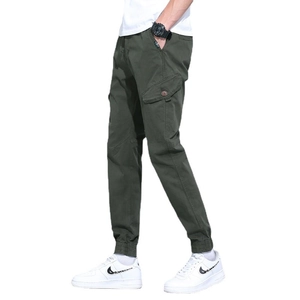Men's dark green jogger pants featuring side cargo pockets and a drawstring waist