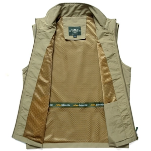 Men's khaki outdoor fishing vest with breathable mesh lining and stand collar