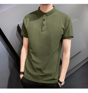Detail of army green polo shirt collar with three black buttons and premium cotton texture