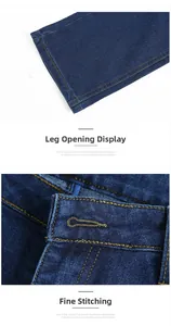 Detailed macro view of denim jeans showing reinforced leg opening and yellow topstitching