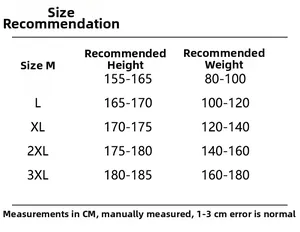 Size chart for men's winter jacket showing height and weight recommendations from M to 3XL