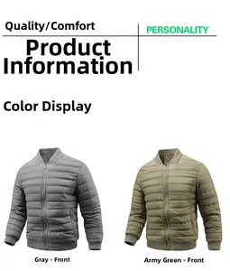 Detailed view of men's quilted baseball jackets in grey and army green colors