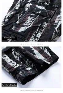 Detail view of multi-pocket cargo shorts with camo print and reinforced stitching