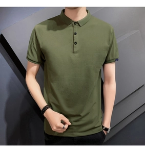 Detail of army green polo shirt with three-button placket and black contrast cuff piping