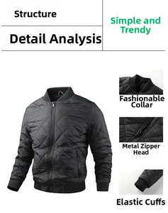 Detail view of black quilted bomber jacket with metal zipper and ribbed cuffs