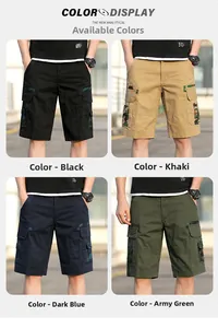 Detail grid of men's cargo shorts featuring multi-pocket design with camo patchwork