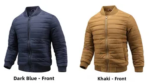 Front view of quilted bomber jackets in navy blue and khaki with ribbed cuffs