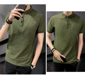 Detail of olive green polo shirt with textured collar and sleeve label accent