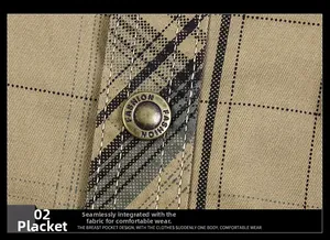 Close-up of khaki plaid cotton shirt featuring fashion button and double stitching detail