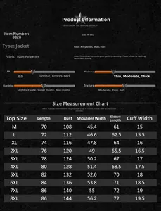 Size chart for men hooded jacket showing measurements from M to 8XL in multiple colors