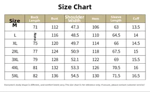 Detailed size chart for hooded winter jacket featuring measurements from size M to 5XL