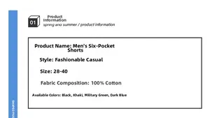 Detailed size chart and specifications for men's 100% cotton multi-pocket cargo shorts