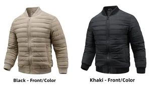 Detail view of khaki and black padded bomber jackets featuring horizontal stitching
