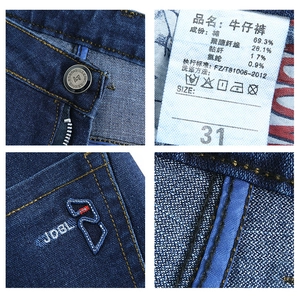 Detailed views of blue denim jeans showing stitching, pocket embroidery, and fabric label