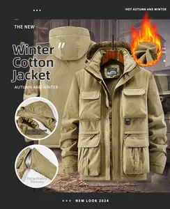 Detail of khaki winter tactical jacket featuring detachable sleeves and hood for warmth