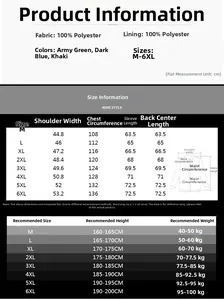 Size chart for men's multi-pocket flight jacket with measurements from M to 6XL