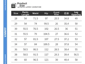 Detailed size chart for men's cargo shorts with measurements for waist and length