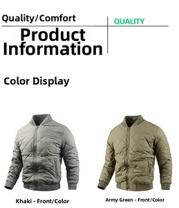 Front view of quilted bomber jacket in khaki and olive green with ribbed trims