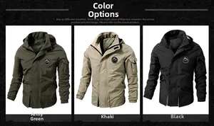Three colors of men's hooded outdoor windbreaker jackets: army green, khaki, and black