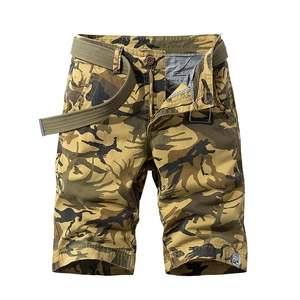 Men's camouflage cargo shorts in durable cotton canvas with adjustable matching belt