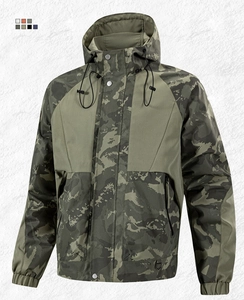 Detail of military green camo tactical jacket featuring adjustable drawstring hood and cuffs