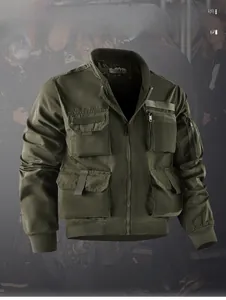 Detail of army green tactical bomber jacket showing multi-pockets and ribbed cuffs