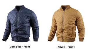 Detail showing quilted bomber jackets in navy blue and khaki with ribbed stand-up collar
